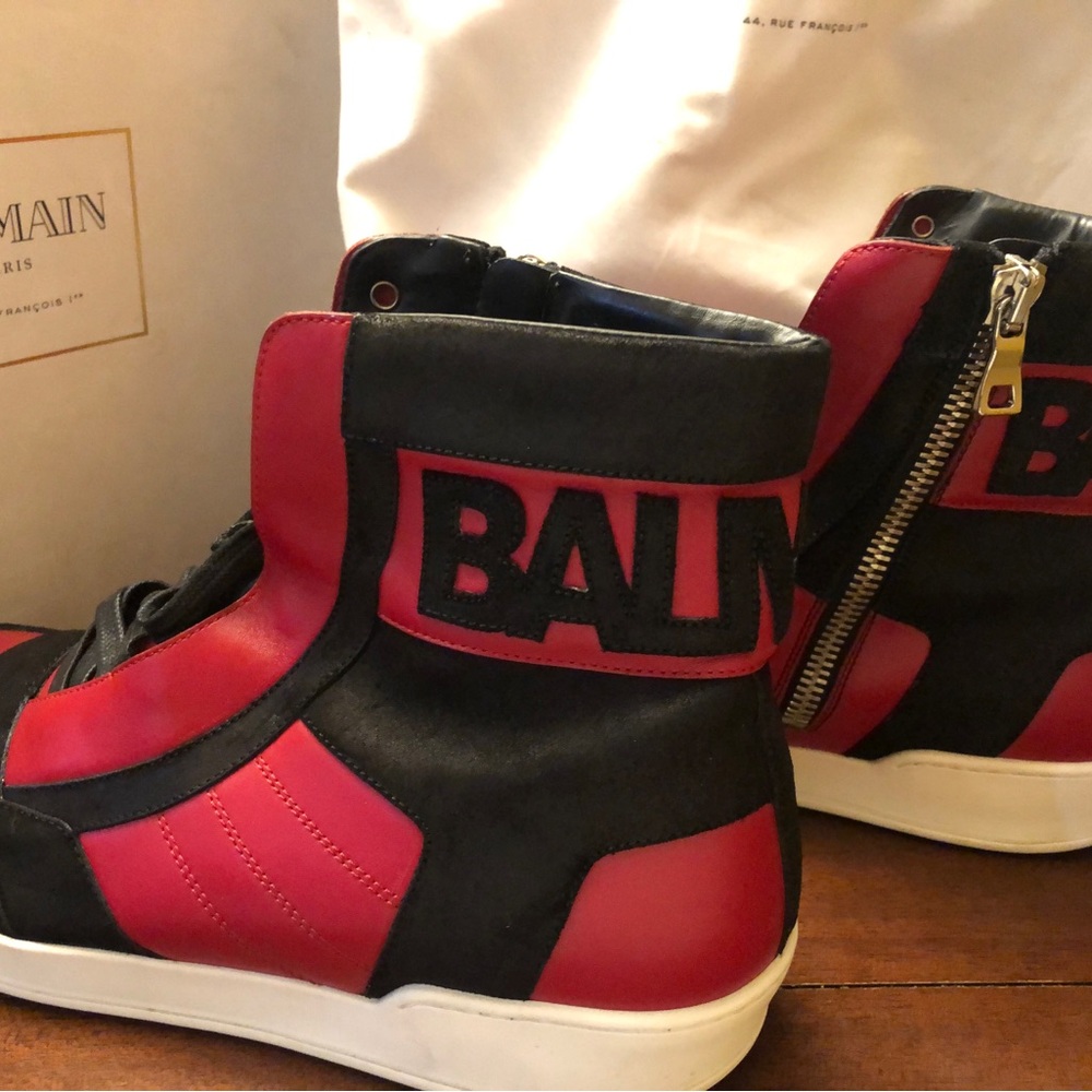 Balmain Red and Black High-Top Sneakers